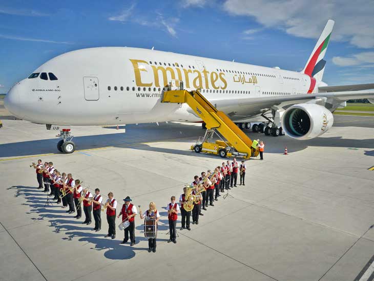 Emirates A380 greeted upon arrival in Vienna.