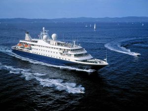 Aerial shot of Seadream yacht.