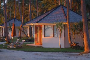 Beach cottage during sunset at Kura Kura, Karimunjawa in Indonesia.