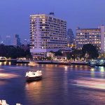 Mandarin Oriental in Bangkok seen from Chao Praya River.