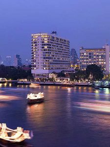 Mandarin Oriental in Bangkok seen from Chao Praya River.