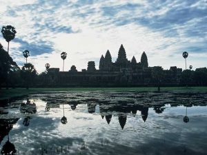 Angkor Wat in Siem Reap at dusk.