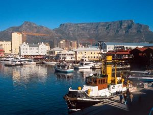 V&A Waterfront in Cape Town with Table Mountain in the background.