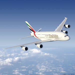 Emirates Airbus A380 in the air.