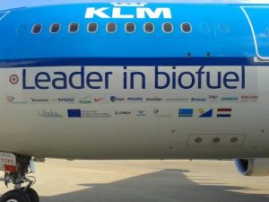 KLM aircraft with "leader in biofuel" livery