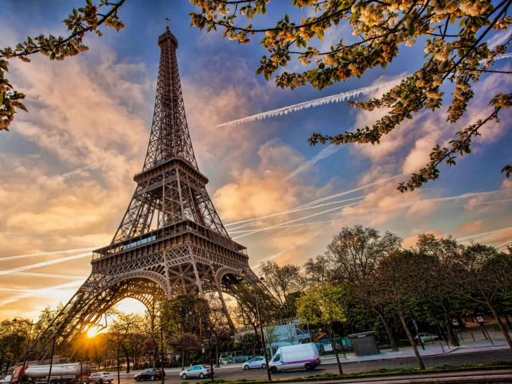 The Eiffel Tower in Paris at sunrise.