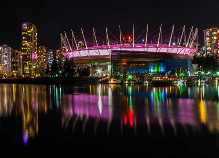 Vancouver skyline at night with BC Place to the right.