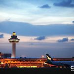 Changi Airport at dusk.