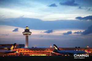 Changi Airport at dusk.