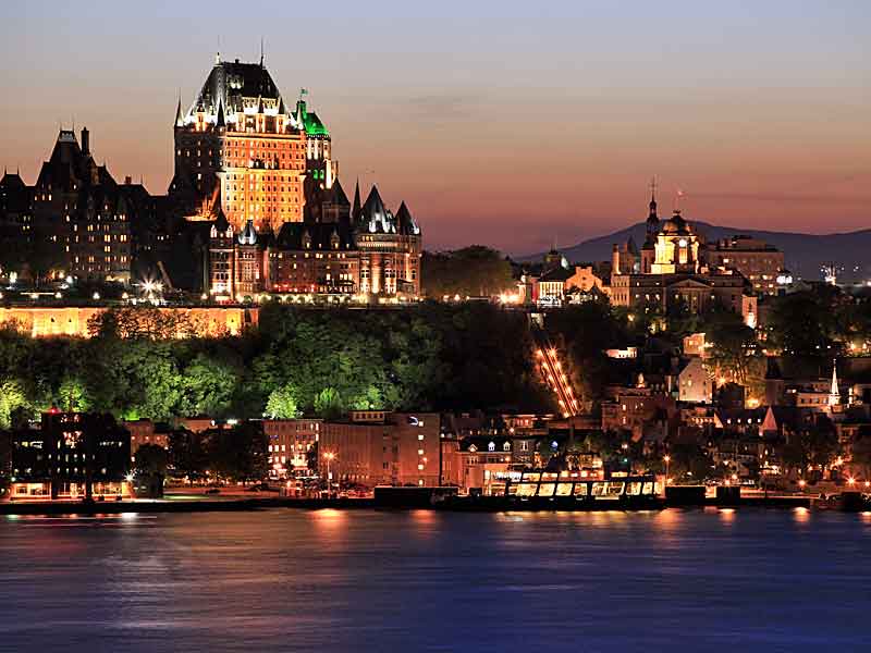 The majestic Chateau Frontenac in Quebec City at night.