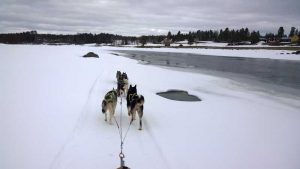 Sledding by the river in Lappland, Sweden.