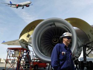 Jet engine overhauled on the tarmac.