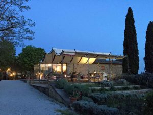 The restaurant at Il Falconiere at dusk.