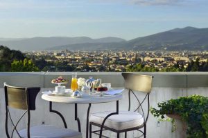 Roof top at Villa Cora set up for breakfast.