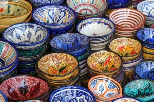 Cous cous bowls at the souk in Marrakech.