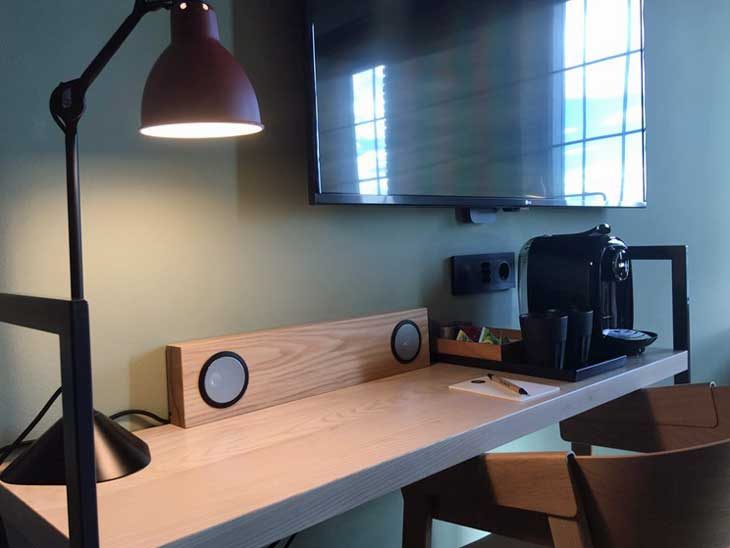 Orlo speakers built in to the desk at The Winery Hotel in Stockholm.