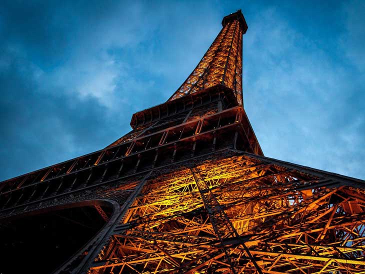 The Eiffel Tower at dusk.